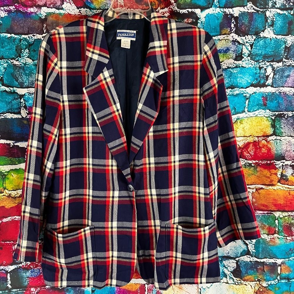 Vintage Pendleton blue red white plaid rayon preppy academia blazer large